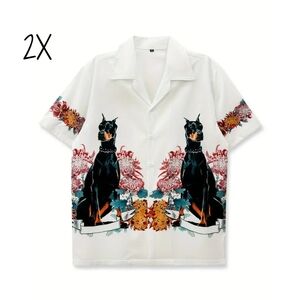 Unisex, Hawaiian inspired Doberman button front shirt, 2X. New